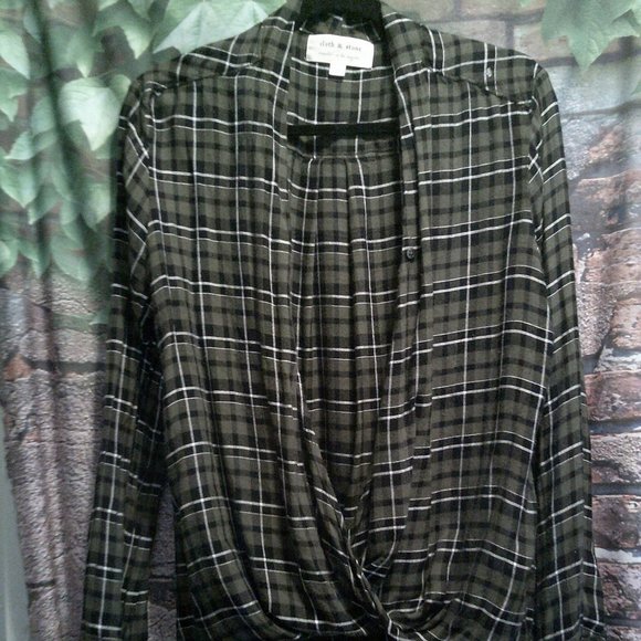 Plaid Surplice Drape (one button) Hi Low Long Sleeve Top - Picture 1 of 6